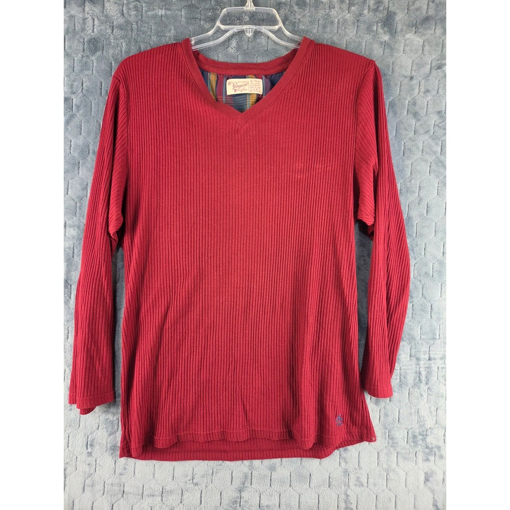 Original Penguin Munsingwear Mens XL Red Ribbed V-Neck Long Sleeve Shirt Logo